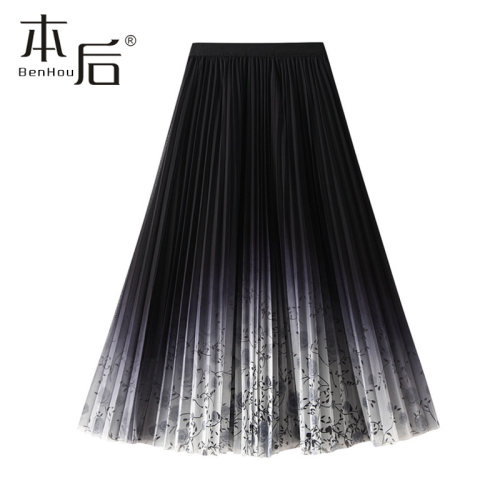 J898-印花网纱百褶半身裙