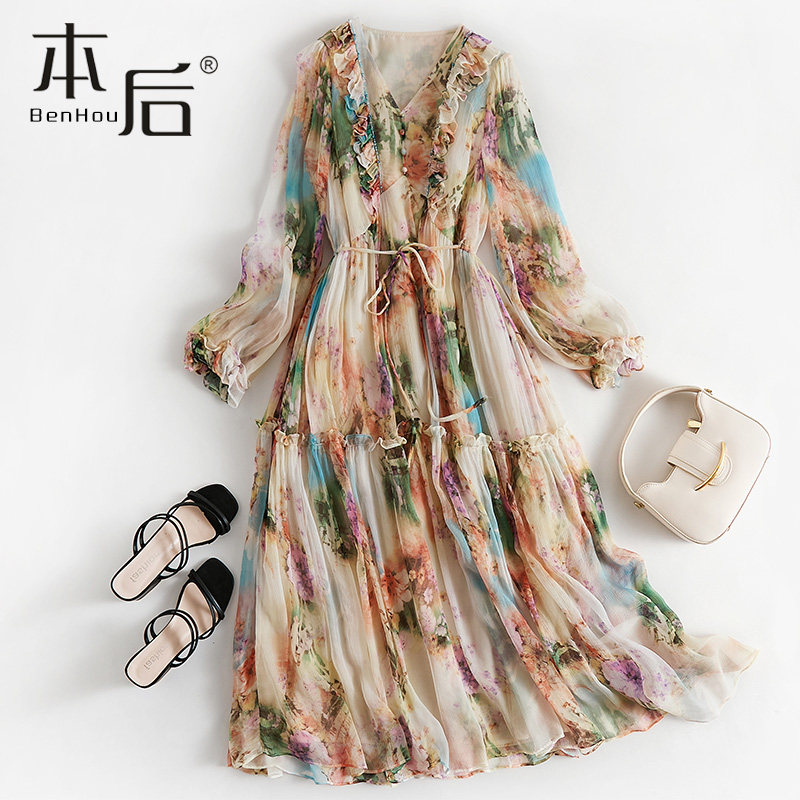 【清仓】86044 真丝连衣裙夏女长裙气质碎花v领长袖沙滩度假