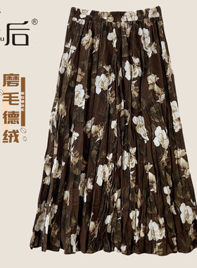 0192 加绒复古山茶印花百褶半身裙秋冬女长裙新款高腰休闲a字裙