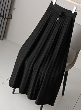 F2121 垂坠感夹绒毛线针织百褶半身裙秋冬女中长款新款a字小个子