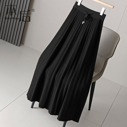 F2121不起球针织百褶裙半身裙