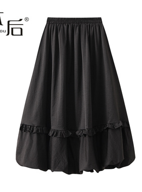 2217 口袋加厚木耳边花苞裙a字半身裙冬女中长款2025新款秋灯笼裙