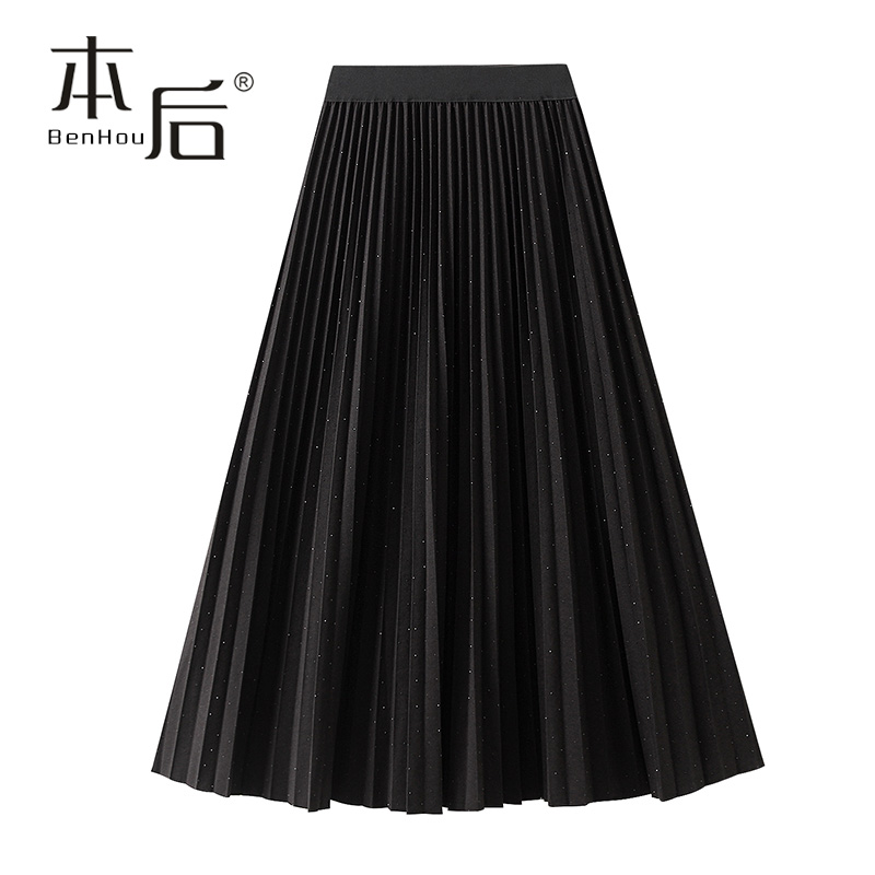 8915 星空钻百褶裙半身裙春秋女中长款毛呢a字裙2025新款风琴褶烫