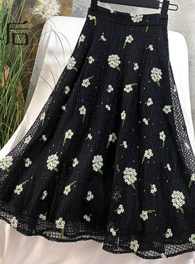 28908 （清仓289）刺绣绣球花a字半身裙女中长款亮片小个子纱裙