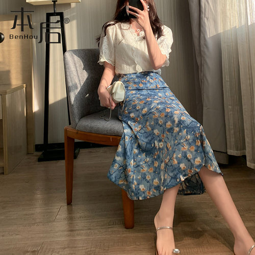 5211-油画碎花半身裙中长鱼尾裙