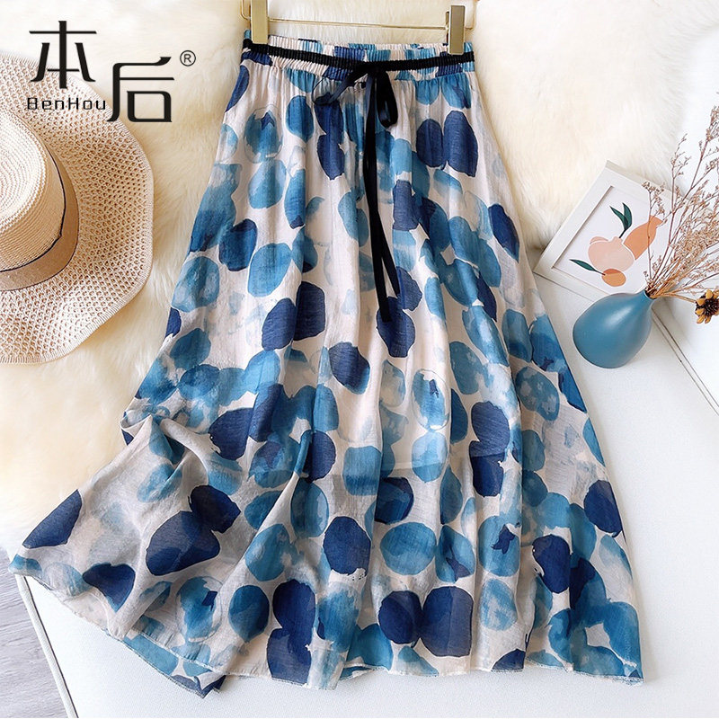 油画水墨波点碎花半身裙女夏薄款中长款高腰气质大摆a字裙小个子