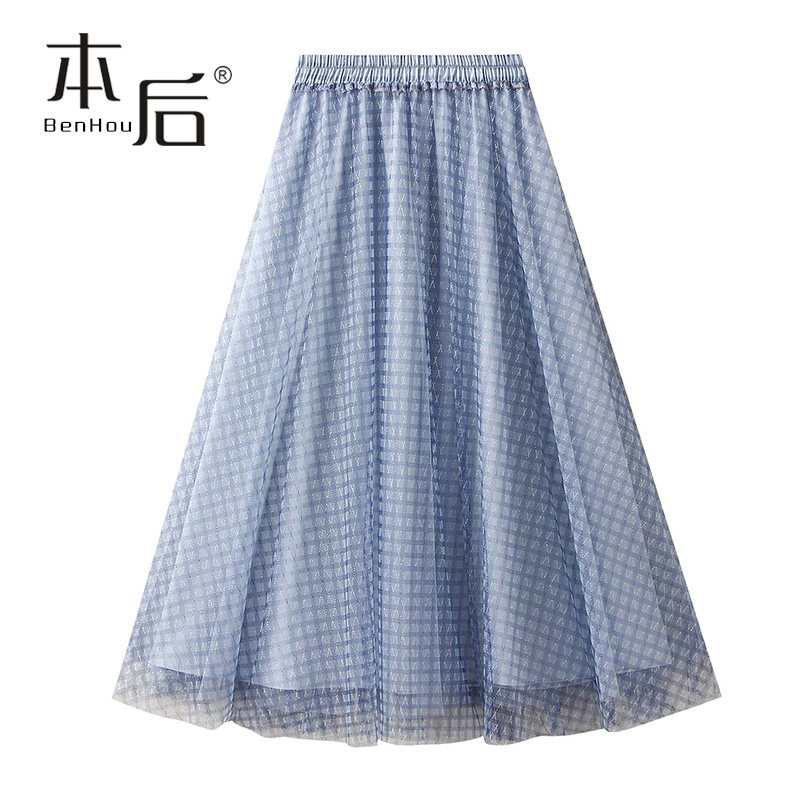 1905-重工亮丝格纹大摆纱裙