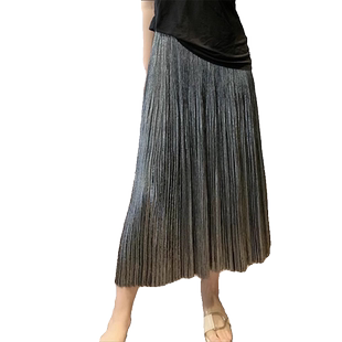 0002 重工手工钉珠艺术感烫银压褶珠链镶嵌百褶裙半身裙女中长款