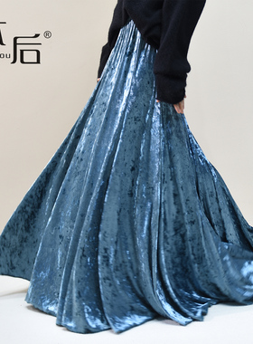 2610 垂坠钻石绒丝绒a字半身裙女高腰大摆长裙复古显瘦裙子冬季