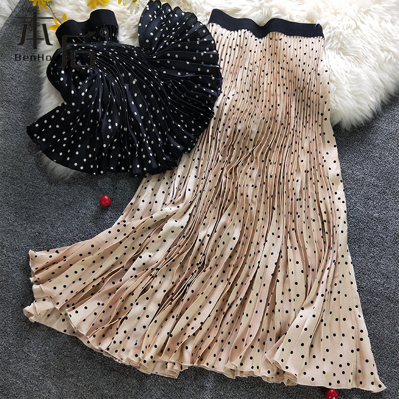 法式复古波点雪纺百褶裙半身裙女春夏中长款高腰显瘦垂感a字薄款