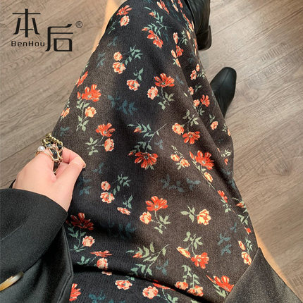 9962 小红花碎花灯芯绒半身裙春秋女中长款新款大码高腰显瘦a字裙