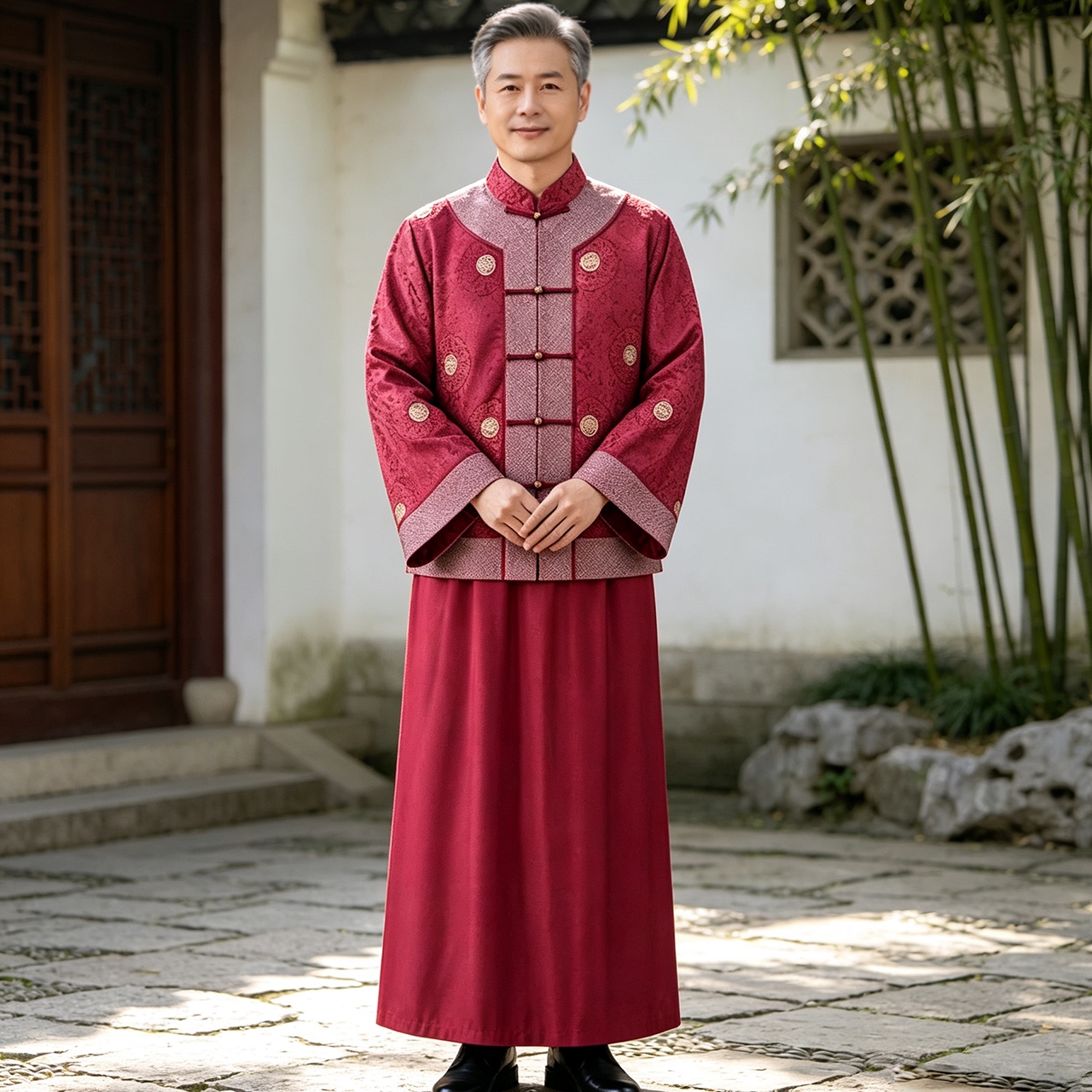 中式老爷套装复古地主掌柜中老年唐装男中国风爸爸宴会礼服表演服