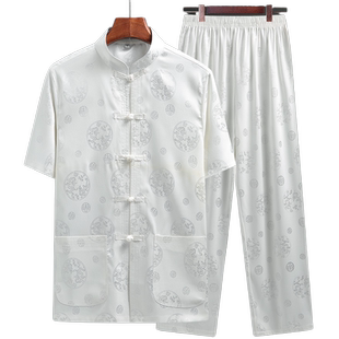 男式年轻人唐装太极服男款夏季薄款上衣裤子衣服男款爸爸冰丝套装