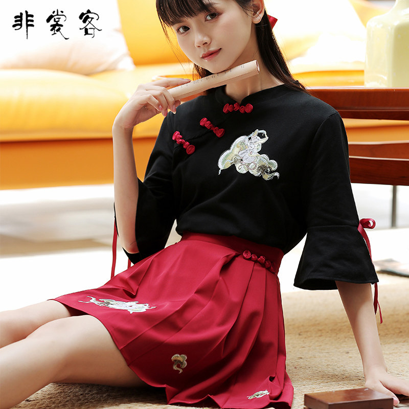 夏季中国风汉服下裙裙子上衣女短款汉元素改良日常套装可爱 国潮