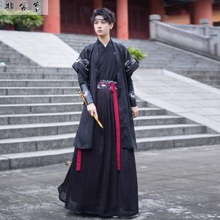 棉麻男装武侠中国风汉服秋季款暗黑系大码古装侠客马面裙情侣套装