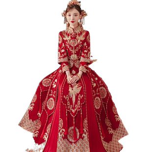 唐装中国风女装红色旗袍修身新娘秀禾服婚服新中式结婚礼服小个子