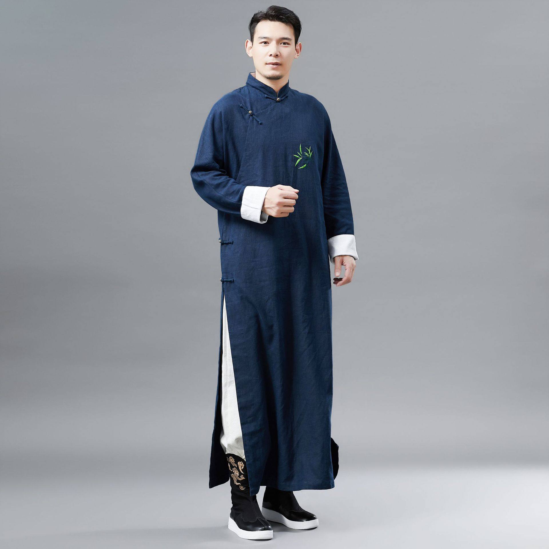 春秋绣花男装中国民族风长款汉服绣花民族服装相声大褂书生演出服