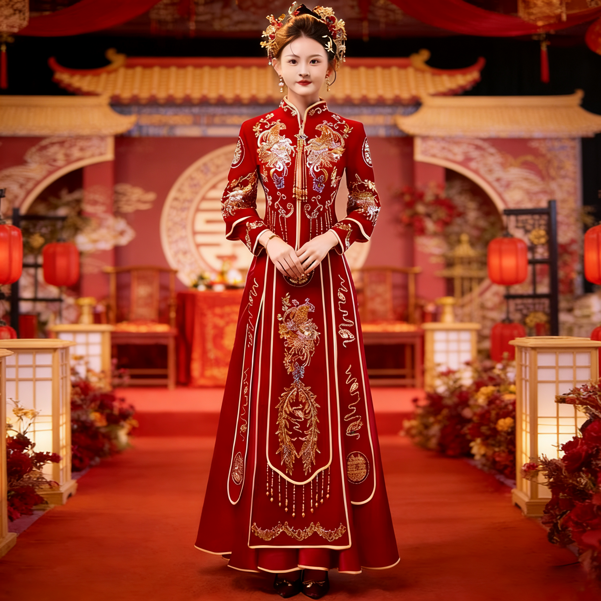 秀禾服头饰新娘简约大气婚服新娘结婚中式嫁衣出阁小个子龙凤褂
