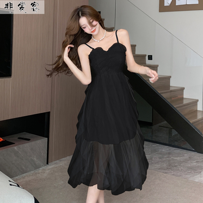 法式纯色系连衣裙轻婚纱缎面仙女日常礼服小个子性感抹胸吊带裙夏