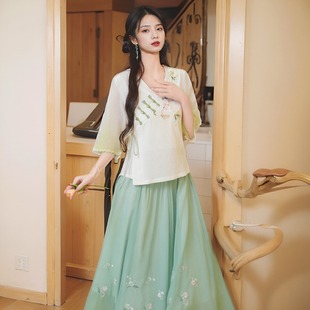 女装 夏季 素新中式 绿色汉服女小个子成人中国风上衣高级感裙子汉元