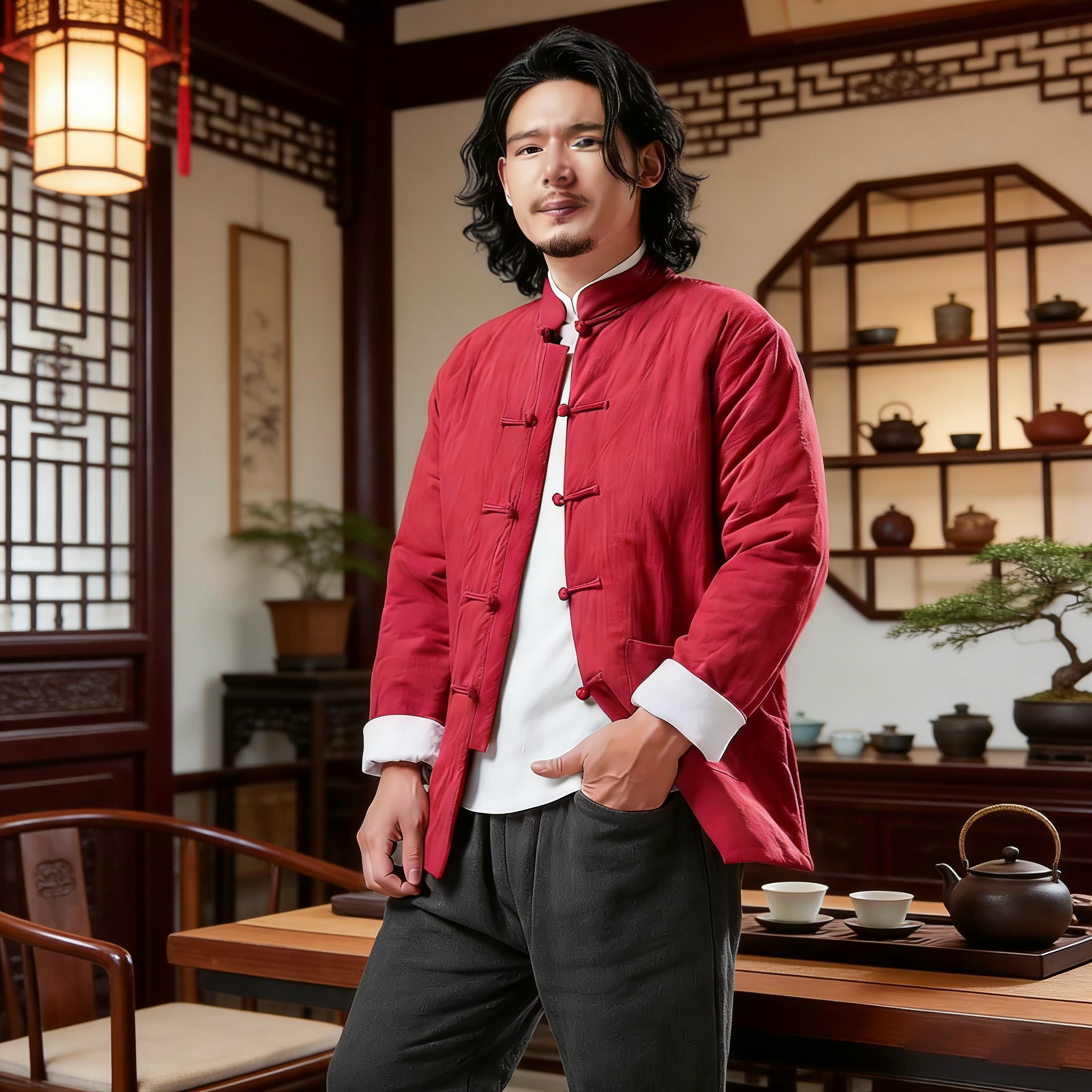 棉麻夹棉外套男冬季年轻男士棉衣立领红色中式国风新中式棉服盘扣