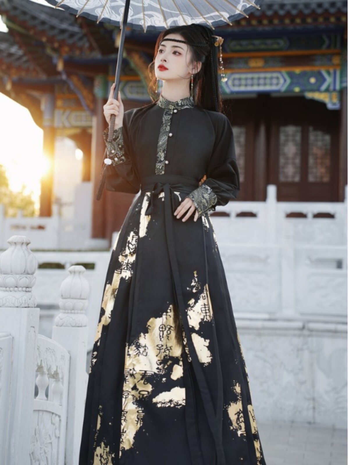 국가 스타일 HANFU 한 요소 자수 탑 시원한 검은 무술 스타일 고대 스타일 말 얼굴 스커트 정장 2023 가을 겨울 새로운 스타일