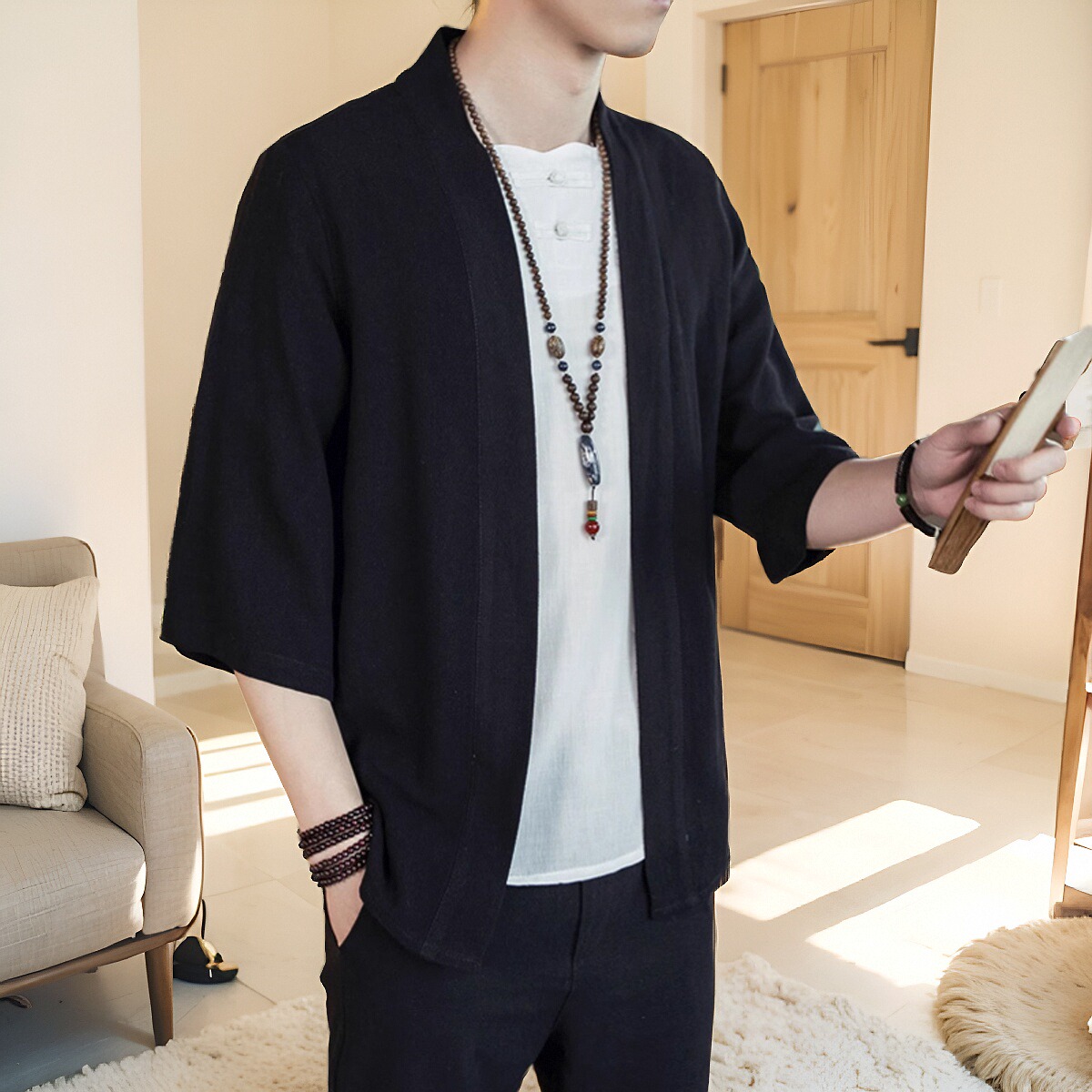 宽松大码民族风棉麻衬衫古风汉服男中国风唐装男士亚麻禅修居士服