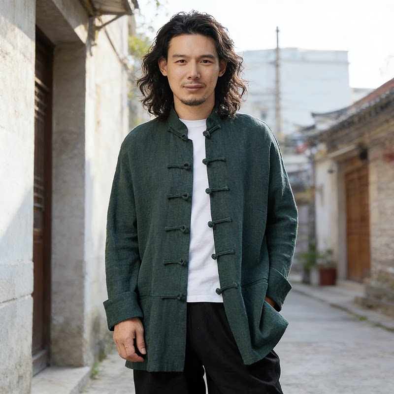 苎麻2026新款上衣春季中国风外套男宽松休闲青年立领粗麻棉麻衬衫