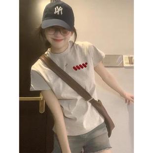 设计感气质韩系修身 ins别致休闲上衣 灰色圆领正肩短袖 T恤女夏季