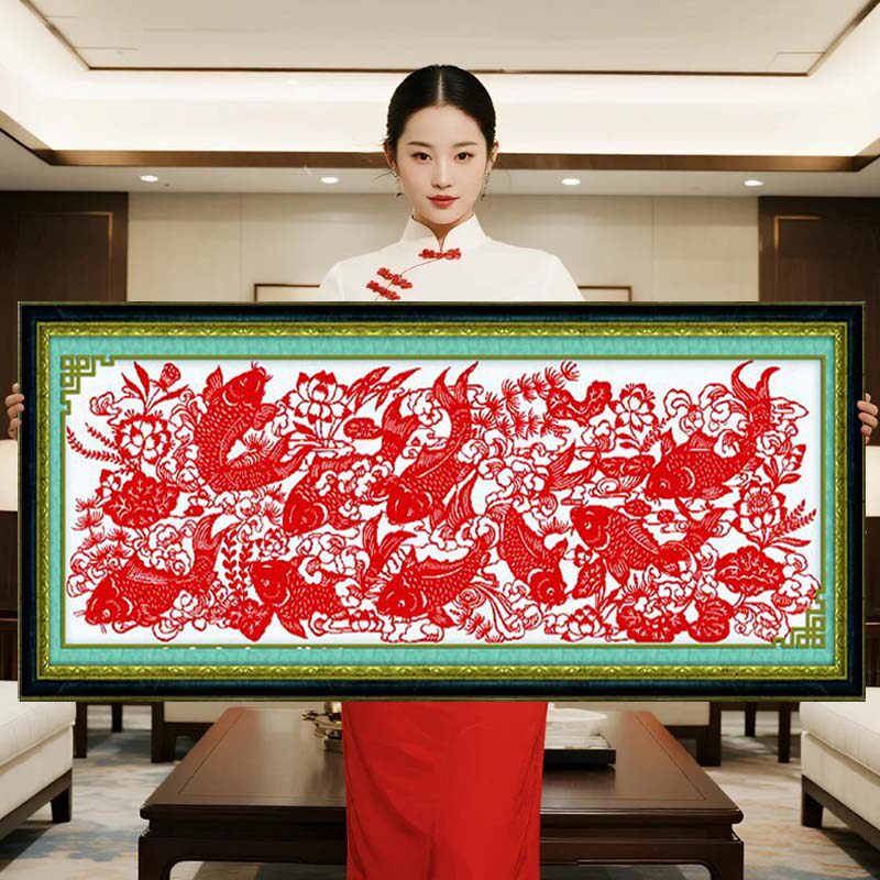 剪纸九鱼图2026新款自己手工刺绣过年十字绣线绣客厅简单大气餐厅