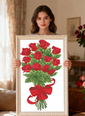 玫瑰花2026新款自己手工刺绣结婚十字绣线绣客厅竖版玄关走廊过道
