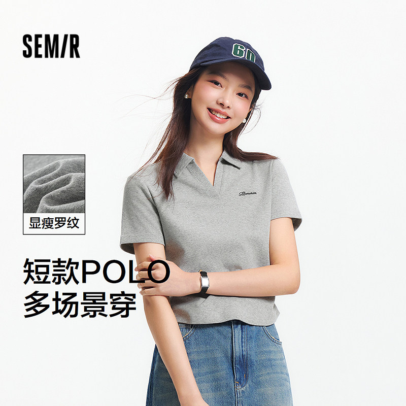 [商场同款]森马POLO衫女短款修身气质2025新款夏季绣花套头衫简约