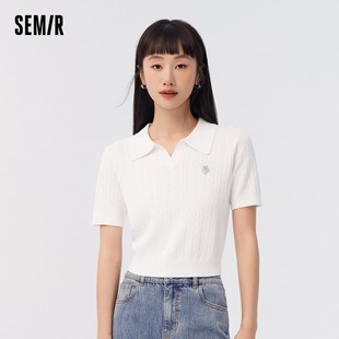 女短款 白色上衣2023夏季 森马针织衫 修身 新款 绞花小个子V领Polo衫