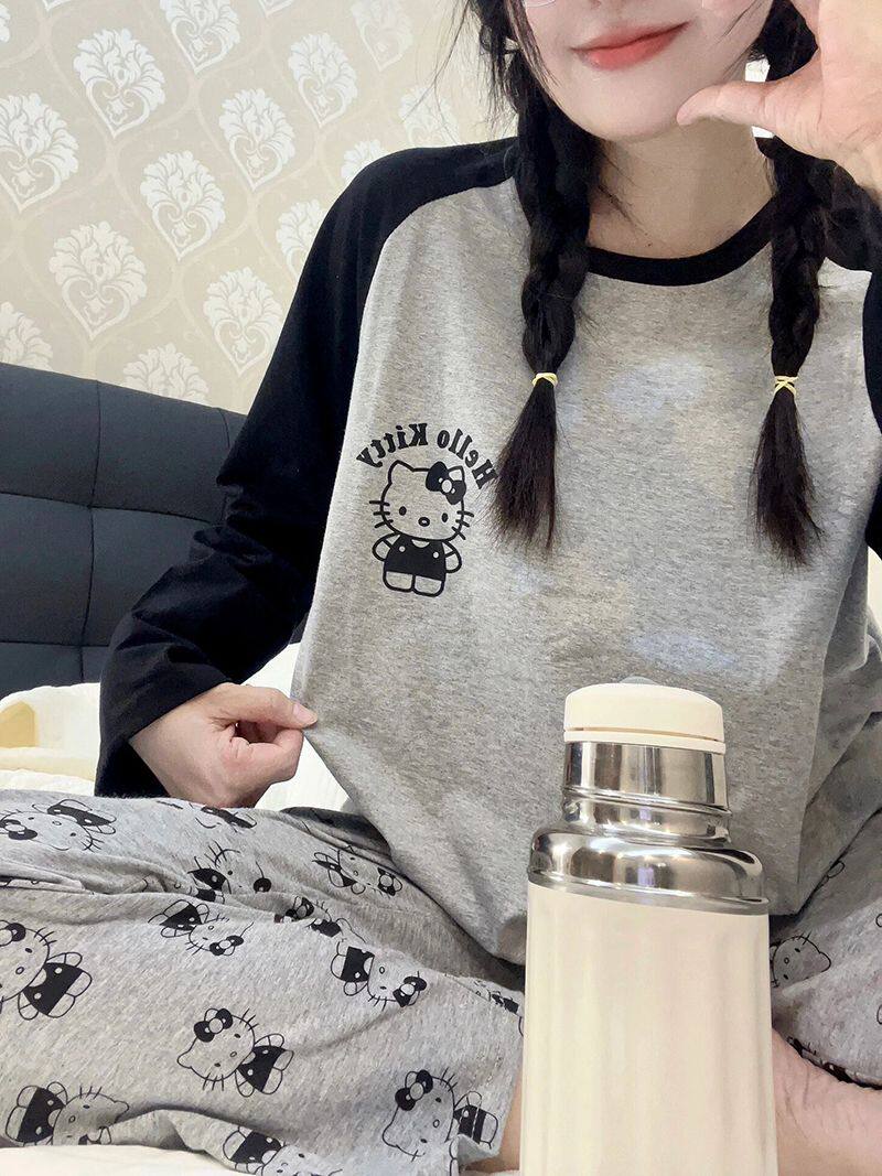 ins可爱印花长袖睡衣女春秋款2025年新款T恤长裤家居服套装可外穿