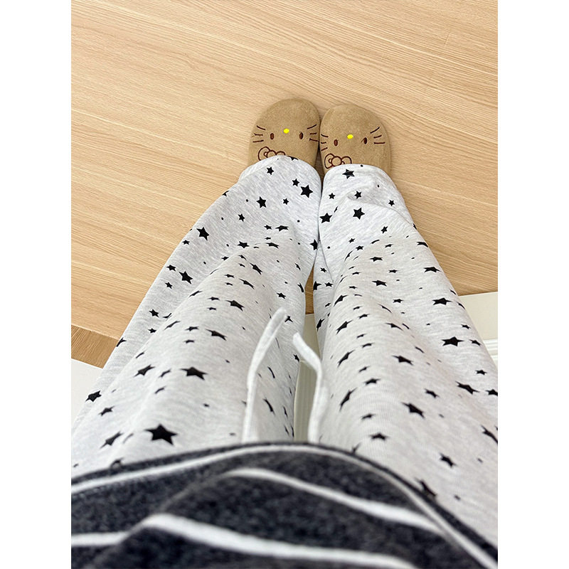 美式复古休闲裤女早秋满印星星灰色阔腿裤宽松直筒拖地运动长裤子,女士内衣/男士内衣/家居服,睡裤/家居裤,淘宝优惠券,粉丝福利购,淘宝优惠卷