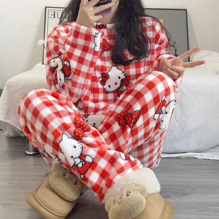 韩国ins睡衣女冬季加厚加绒珊瑚绒秋冬可爱KT猫法兰绒家居服套装