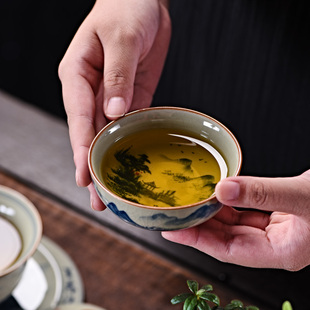 老陶泥手工青花哥窑开片山水主人杯陶瓷手绘功夫茶具茶杯单杯