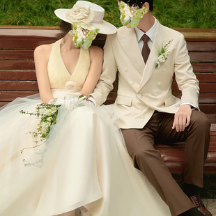 朵拉法式 挂脖轻婚纱新娘简约v领森系结婚晨袍纱香槟色拖尾迎宾纱