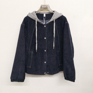 休闲夹克上衣 宽松牛仔短外套拼色连帽女士春款 商场同款 26801韩版