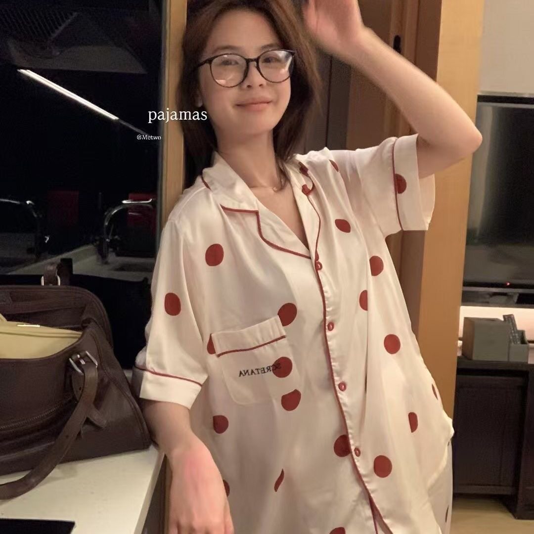 亏本清仓！Hers冰丝睡衣女春秋短袖长裤套装可爱波点家居服可外穿图片