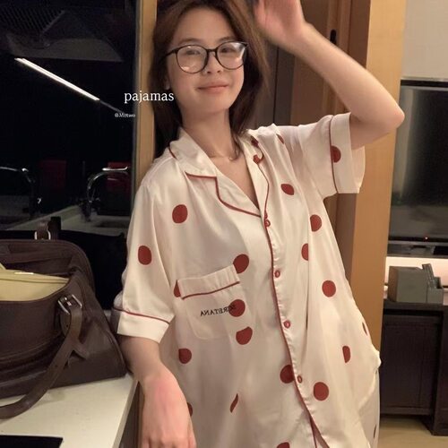 亏本清仓！Hers冰丝睡衣女春秋短袖长裤套装可爱波点家居服可外穿