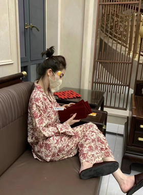 【亏本清仓】贵妇家居服法式红色纯棉春秋长袖开衫睡衣居家套装女