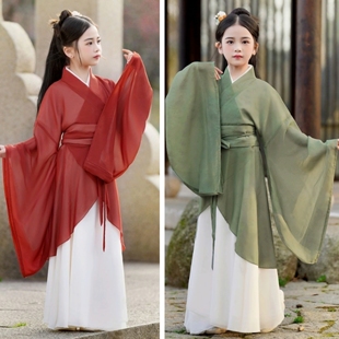 女童汉服战国袍南北朝复原魏晋风红色大袖 中国风仙气飘逸交领襦裙