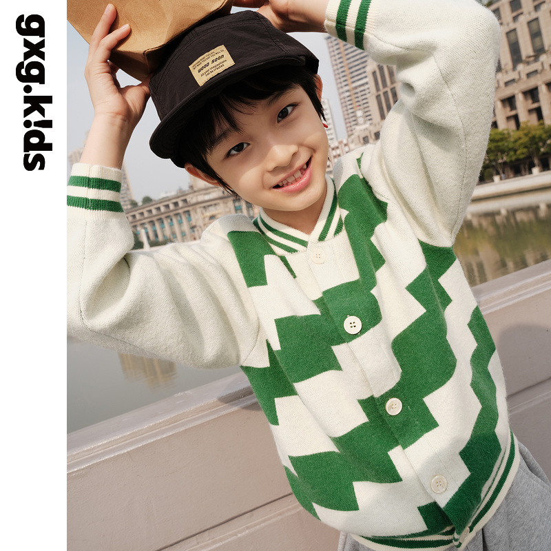 GXG童装春季儿童毛衣中大童棒球领格纹柔软针织开衫