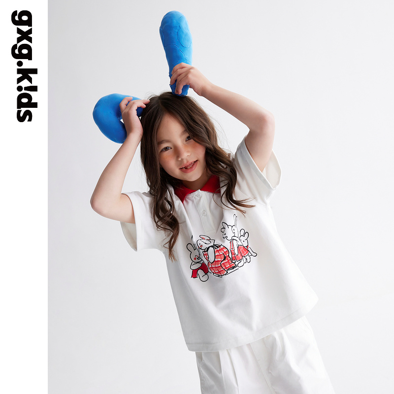 gxgkids童装儿童POLO衫夏新品女童运动透气撞色童趣兔子短袖T恤