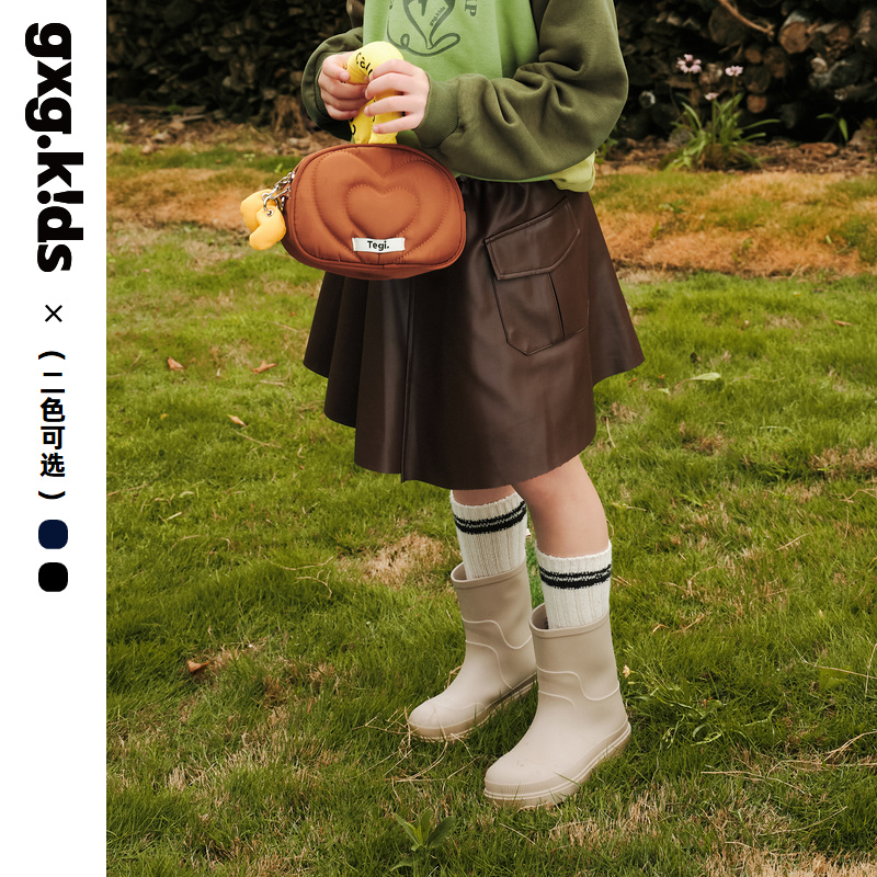 [两色可选]gxgkids童装儿童短裙秋新品女童pu皮裙百褶裙半身裙