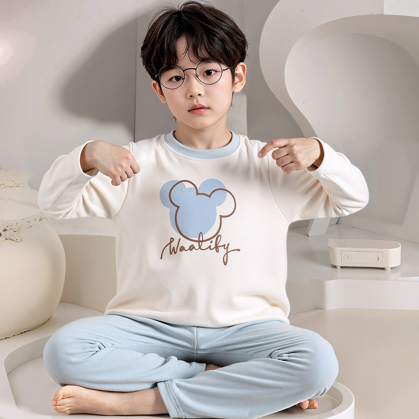 秋冬季男童米奇海岛绒居家服套装