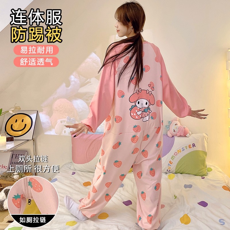 睡裙女春秋款纯棉薄款长袖可爱学生少女连体睡衣防走光家居服秋冬