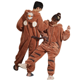 珊瑚绒情侣连体睡衣女秋冬季套装加厚法兰绒男士卡通小老虎家居服