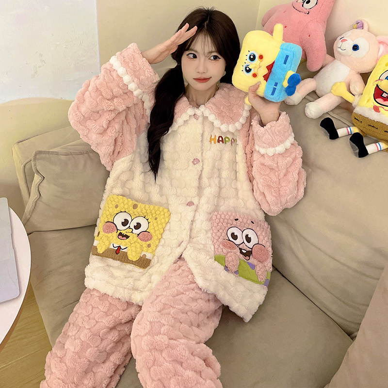 海绵宝宝睡衣女秋冬季珊瑚绒加绒加厚女大童公主风派大星家居服
